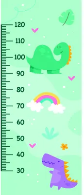 A height chart illustration showing a green turtle and two smiling dinosaurs in green and purple, with a rainbow and hearts against a mint-green background.