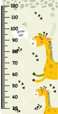 A height chart illustration showing two smiling yellow giraffes with striped necks positioned against a cream background with a measurement scale from 30 to 120 centimetres, adorned with small black triangles and dots.