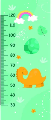 A mint-green height chart with a large orange elephant, pink rainbow, white clouds, and small gold stars, marked with measurements from 30 to 120 centimetres.