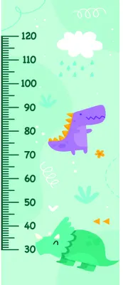 A height chart showing two cartoon dinosaurs in green and purple, a rain cloud with falling drops, and a scale measuring from 30 to 120 centimetres on a soft mint background.