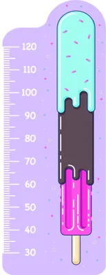 A height measurement chart designed as a melting ice lolly with turquoise and pink dripping sections on a purple background, marked with measurements from 30 to 120 centimetres.
