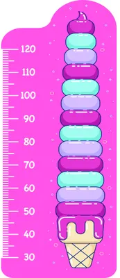 A bright pink height chart shaped like stacked ice cream scoops in purple and cyan, with a cream cone base and measurement markings from 30 to 120 centimetres.