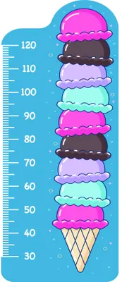A height measurement chart depicting stacked ice cream cones in alternating bright colours from pink to purple to teal, with a measurement scale from 30 to 120 centimetres on the left side.