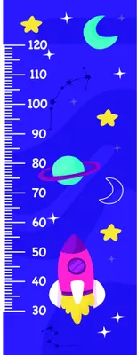 A height chart featuring a yellow rocket ship, coloured planets, stars and moons scattered across a bright blue background with measurement markings from 30 to 120 centimetres.
