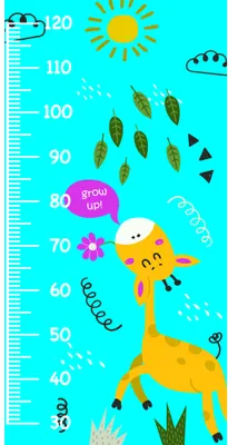 A bright turquoise height chart features a smiling yellow giraffe with spotted neck, surrounded by clouds, birds, plants, and encouraging text markers from 30 to 120 centimetres.