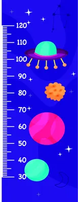 A height chart on a deep blue background featuring a cute UFO with tentacles, four colourful planets of varying sizes, and white stars, marked with measurement lines from 30 to 120 centimetres.
