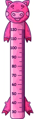 A cartoon pink pig with a smiling face, featuring a vertical measurement scale from 30 to 120 centimetres marked along its body.