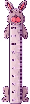 A smiling purple rabbit with pink ears and cheeks acts as a height measurement scale marked from 30 to 120 centimetres.