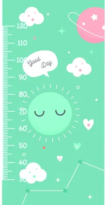 A height measurement chart with a mint green background featuring a large smiling sun face in the centre, white clouds, planets including one in pink, stars, hearts, and measurement markings from 60 to 120 centimetres along the left edge.