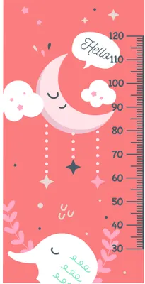 A coral pink height chart showing a sleeping crescent moon with closed eyes, surrounded by fluffy white clouds and scattered stars, with a measurement ruler from 30 to 120 centimetres along the right edge.