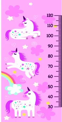 A bright pink height chart featuring three smiling unicorns with purple manes and colourful spotted bodies, with stars, clouds and a rainbow at the bottom, marked with measurements from 30 to 120 centimetres.