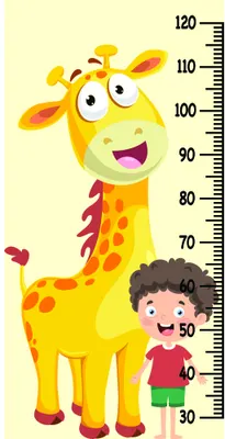 A cartoon giraffe with a wide happy smile and large eyes stands next to a measurement scale marked from 30 to 120 centimetres, with a small illustrated child figure on the right side for scale reference.