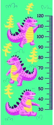 A height chart featuring three stacked hot pink and yellow dinosaurs with purple spikes against a bright green background with yellow trees and a measurement scale from 30 to 120 centimetres.
