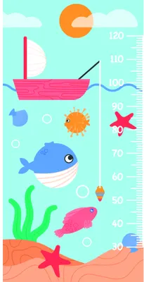 A colourful illustrated height chart showing an underwater scene with a pink boat, blue and pink fish, starfish, seaweed and sand against a turquoise background with height measurements marked on the right side.