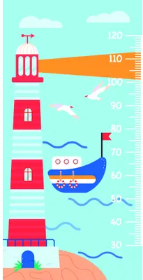 A vertical height chart decorated with a seaside scene including a red lighthouse, beach huts, a blue sailing boat, whales, and palm trees against a turquoise sky.