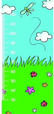 A pastel teal and bright green height chart featuring clouds and a kite at the top, grass and flowering plants with ladybirds at the bottom, numbered from 30 to 110 centimetres.
