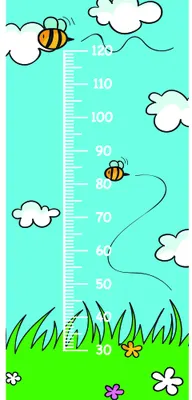 A height chart illustration showing two yellow and black striped bees flying among white clouds on a teal background, with a measurement scale running down the centre and green grass with pink and white flowers at the base.