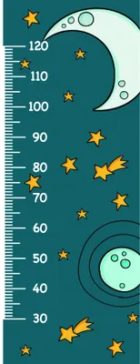 A vertical height chart featuring scattered golden stars and crescent moons against a teal background, with measurement markings from 30 to 120 centimetres.