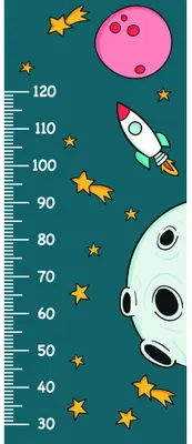 A height chart with a dark teal background showing a cartoon rocket on the right side, a large pink planet with craters at the top, a cheerful moon face on the lower right, and gold stars scattered throughout, with measurement markings from 30 to 120 centimetres along the left edge.