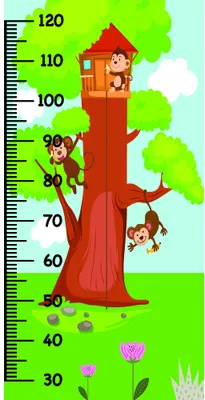 A height chart showing three cartoon children of different sizes playing in and around a tall red tree with bright green foliage and flowers at its base, with measurement markings from 30 to 120 centimetres along the left side.