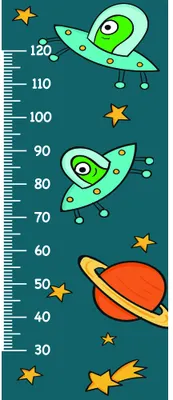 A height chart measuring from 30 to 120 centimetres features two bright green spaceships with alien pilots, orange and yellow stars, and a large ringed planet against a teal background.