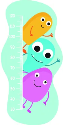 A growth chart with three cartoon characters in bright colours - an orange bean-shaped character at the top, a teal round character in the middle, and a purple blob-shaped character at the bottom - arranged vertically against a soft mint-green background with measurement markings from 30 to 120 centimetres.
