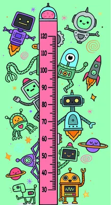 A vertical height measurement chart with colourful cartoon robots, rockets, and alien characters arranged around a pink measuring scale from 30 to 120 centimetres on a lime green background.