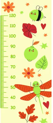 A height chart with a cream background featuring cartoon insects including a ladybird, bee and dragonfly among red and orange flowers, green leaves and small stars, with a measurement scale from 30 to 120 centimetres.