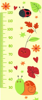 A cream-coloured height chart from 30 to 120 centimetres decorated with a red ladybird, green caterpillar, orange snail, and scattered red and orange flowers with green leaves.