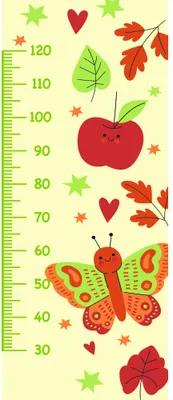 A pale yellow height chart marked 30-120cm features a red apple with a smiling face, a patterned butterfly, maple leaves in shades of green and orange, small stars and hearts scattered throughout.