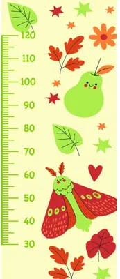 A height measurement chart featuring two smiling pears in shades of green and red, surrounded by autumn leaves and colourful stars on a cream background, with a green measurement scale along the left side.