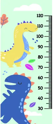 A height chart illustration featuring a yellow dinosaur and a blue dinosaur with a measurement scale from 60 to 120 centimetres, decorated with small clouds, leaves and abstract shapes.