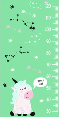 A pastel pink sheep with a smiling face stands beside a height measurement scale from 30 to 120 centimetres on a mint green background scattered with stars and dotted lines, with a speech bubble saying 'grow up'.