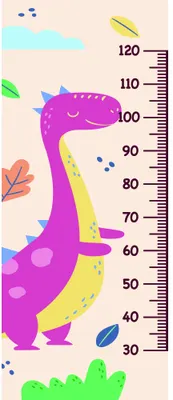 A bright purple dinosaur with a yellow belly and tail stands next to a height measurement scale marked from 0 to 120 centimetres, surrounded by small decorative elements including green leaves, blue raindrops, and pink botanical details.