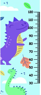 A brightly coloured height measurement chart showing a large purple dinosaur and smaller green dinosaur with yellow markings, surrounded by clouds and a green rocket, with a measurement scale from 30 to 120 centimetres.