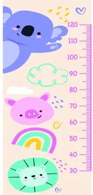 A vertical height chart featuring illustrated animals stacked on top of each other - a blue koala at top, a pink pig in the middle, and a green cat at bottom, with a rainbow and measurement scale running down the right side.