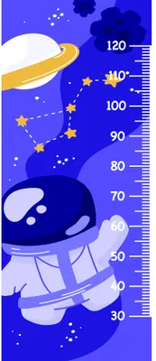 A smiling astronaut in a purple suit rides a golden rocket past Saturn and scattered stars on a deep blue background with a height measurement scale from 0 to 120 centimetres on the right side.