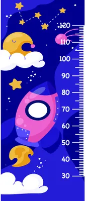 A height chart illustration showing a smiling yellow crescent moon with eyes, white clouds, a pink rocket with a window, and golden stars scattered across a deep blue sky.