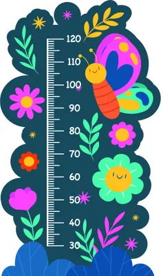 A height measurement chart decorated with a large colourful butterfly, blooming flowers, green leaves, and stars on a dark teal background.