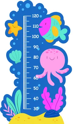 A bright blue height chart featuring a smiling pink octopus at the bottom, colourful fish and coral in the middle, and a starfish and seashells at the top, with measurement markings from 30 to 120 centimetres.