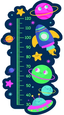 A navy-blue height chart with a green measurement scale from 30 to 120 centimetres, decorated with a bright pink planet, yellow stars, a purple rocket ship, and various colourful celestial objects.