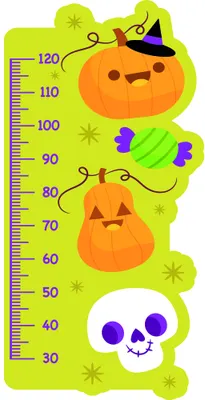 A lime-green height chart features a party-hatted pumpkin at top, a cheerful jack-o'-lantern in the middle, colourful candy corn, and a smiling skull at the bottom.
