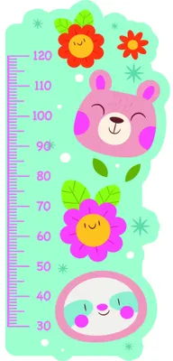 A pastel green height chart featuring a pink smiling bear face with flowers, measurement scale from 40 to 120 centimetres, and decorative floral and botanical elements throughout.