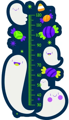 A navy height chart with four white cartoon ghosts surrounded by colourful planets, stars, and measurement markers from 30 to 130 centimetres.