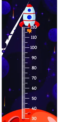 An illustrated rocket with red nose cone and white body climbs diagonally across a navy starfield with blue planets, with a height measurement scale from 30 to 120 centimetres running down the right side.