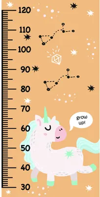 A smiling pink unicorn with colourful mane and tail floats among white stars, constellation dots and dashed lines on a cream and orange height chart marked from 30 to 120 centimetres.