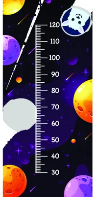 A height chart featuring illustrated planets in yellow, orange and purple against a dark starry background, with a white measurement scale running vertically from 30 to 120 centimetres.