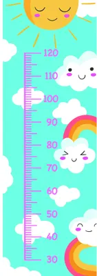 A colourful height chart with a smiling yellow sun at the top, friendly white and pink clouds with faces, and rainbow details, marked with measurements from 30 to 120 centimetres on a teal background.