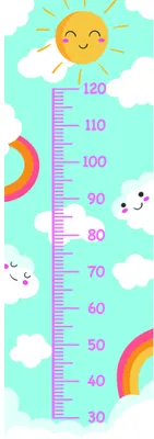 A height measurement chart featuring a smiling sun at the top, floating clouds with faces, two rainbows, and numbered scale markers from 30 to 120 centimetres against a soft teal background.