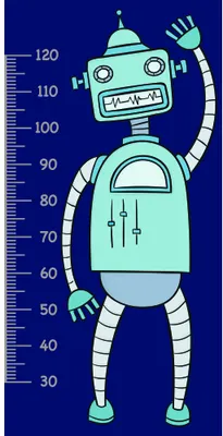 A turquoise robot character with a rectangular body, antennae, and jointed limbs stands against a navy background with a height measurement scale running vertically from 30 to 120 centimetres.